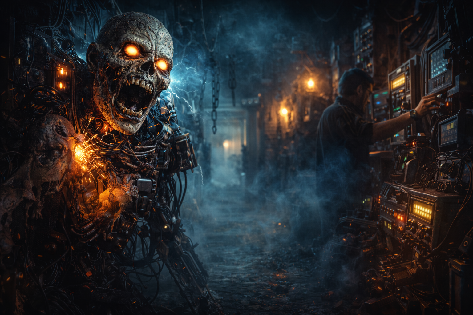 Haunted animatronic in a ghostly room