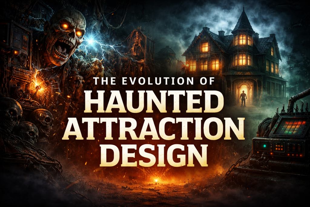 Haunted attraction design concept featuring animatronic zombie, immersive haunted house, and industrial horror effects
