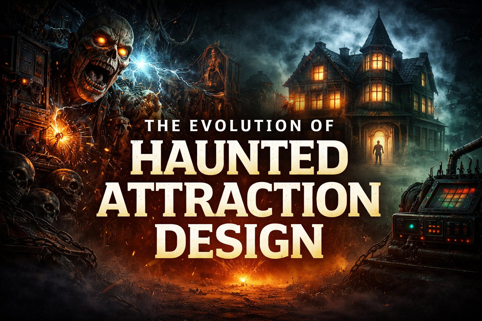 Haunted attraction design Haunted attraction design concept featuring animatronic zombie, immersive haunted house, and industrial horror effects