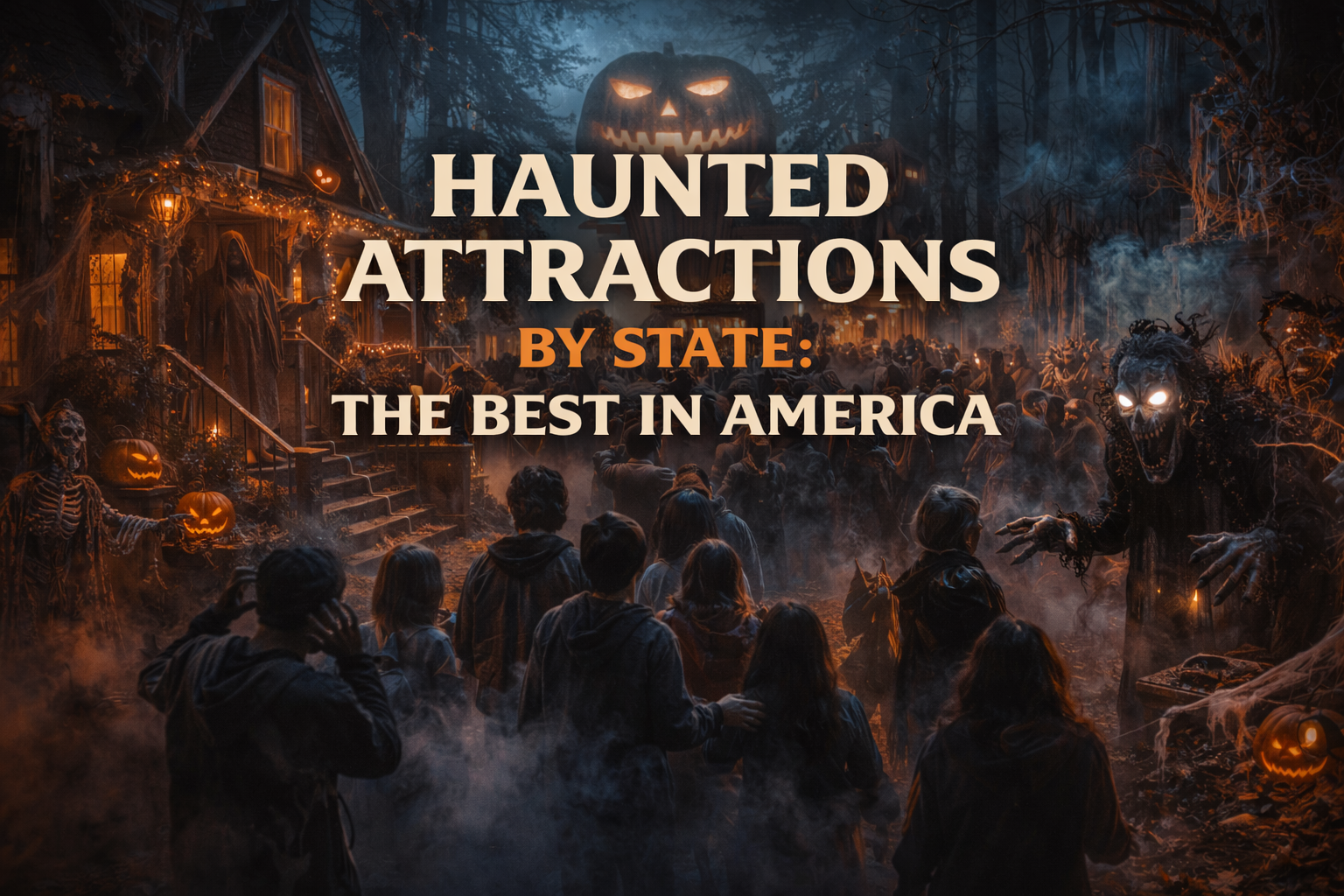 Crowded immersive haunted attraction with professional lighting, actors, and atmospheric design elements
