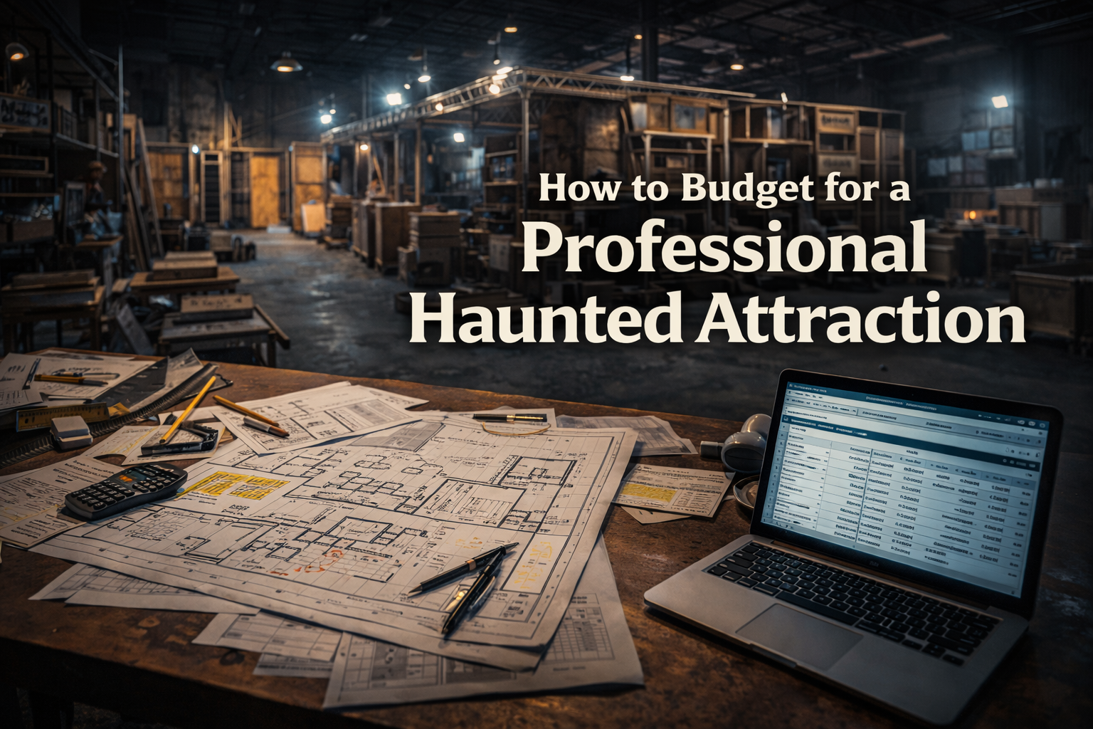 Blueprints and budgeting spreadsheet for a professional haunted attraction build inside a workshop environment