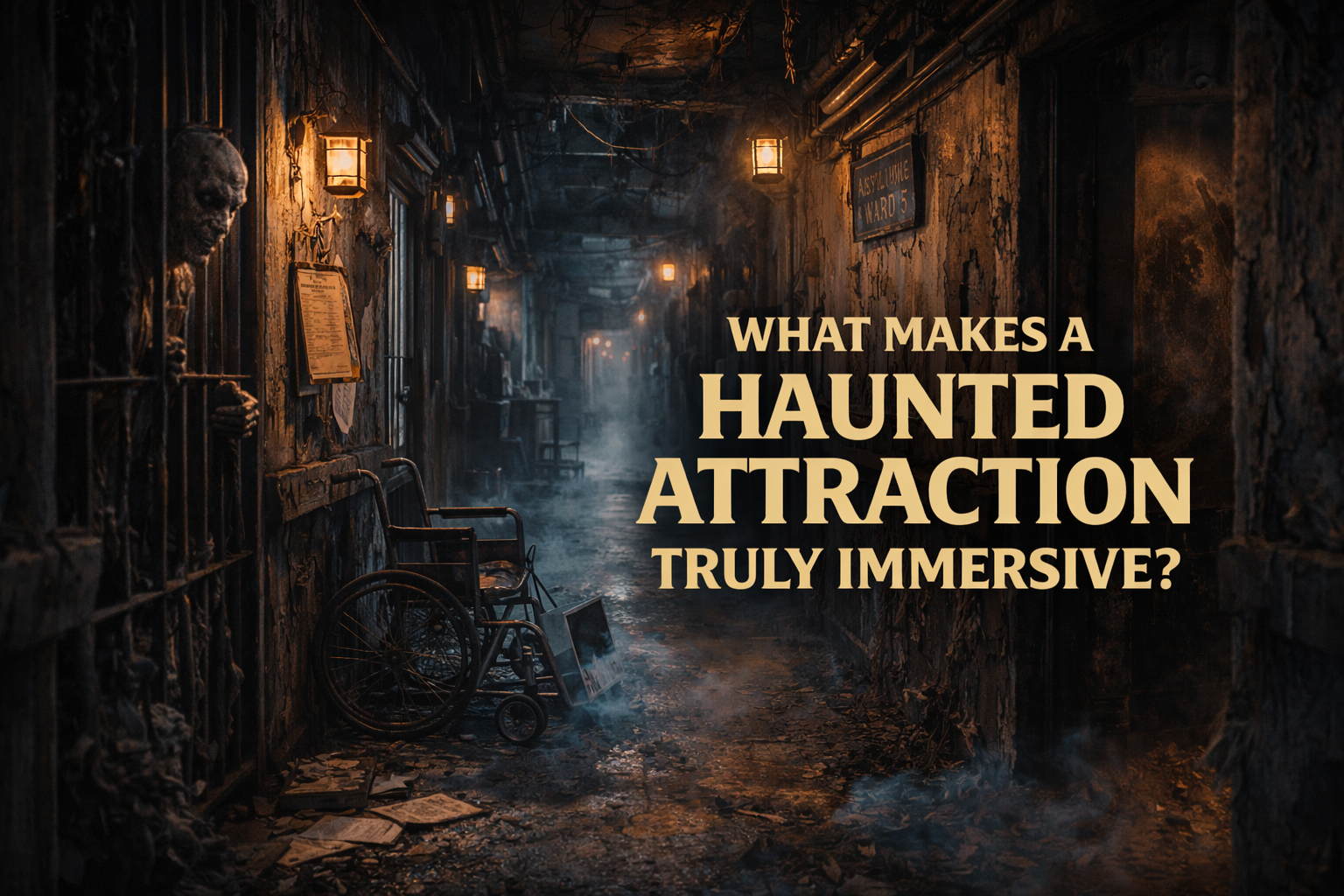 Immersive haunted attraction corridor with Victorian asylum design, atmospheric lighting, fog effects, and layered environmental storytelling