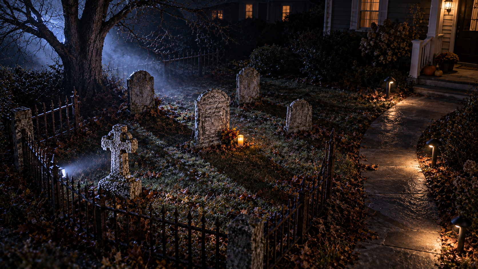 Small Halloween graveyard arranged with side light, backlight, warm focal light, and pathway lighting.