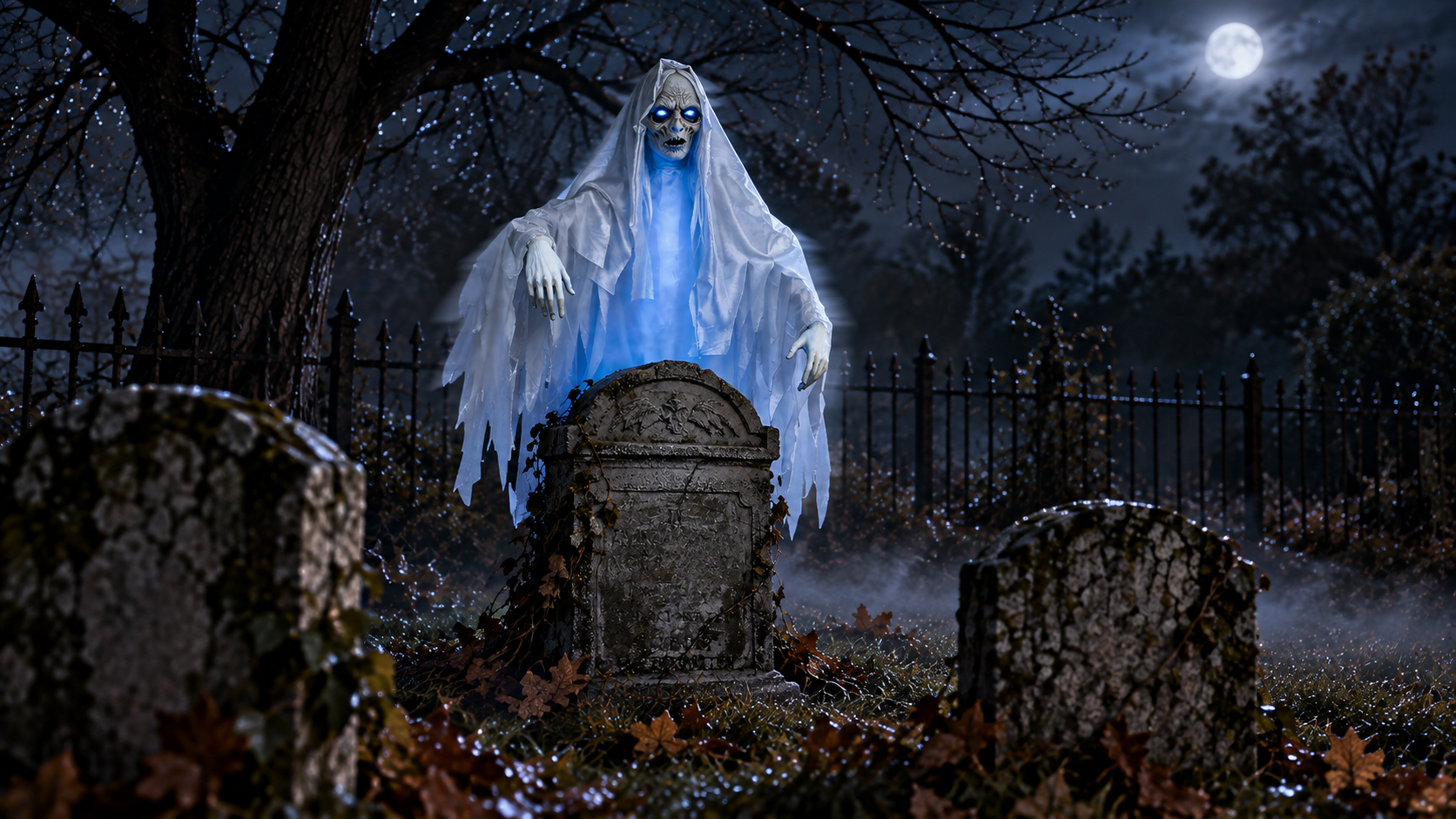 Ghost Woman Over Tombstone lit as the focal point of a layered Halloween cemetery scene.