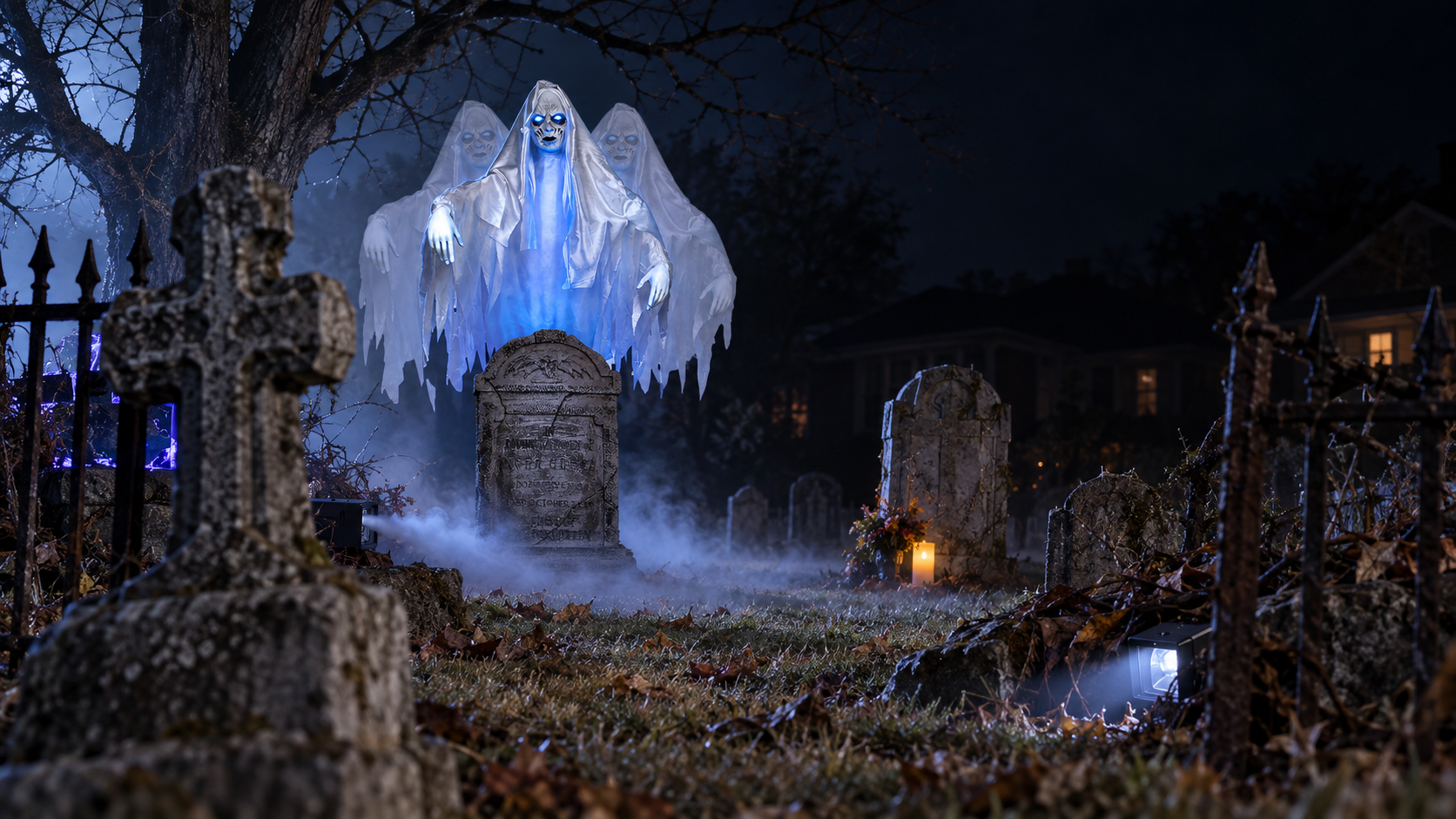 Realistic Halloween graveyard at night with low blue side lighting, warm candle accents, tombstones, fog, and a ghostly woman