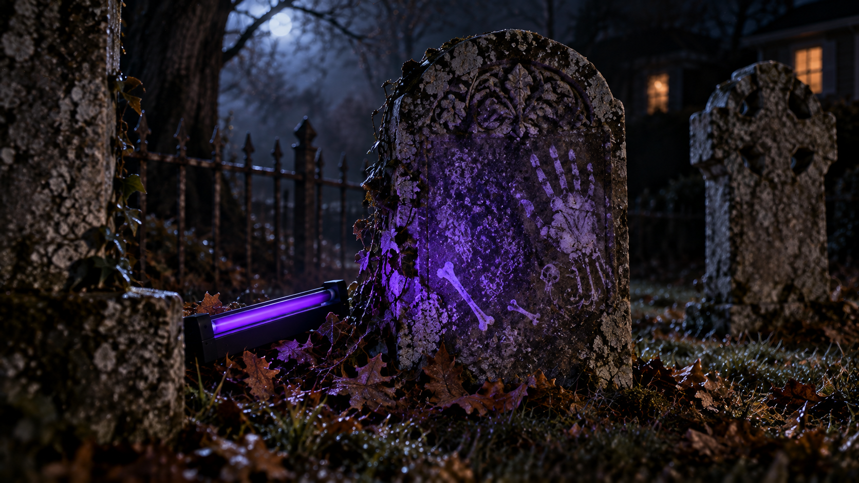 Blacklight revealing a hidden ghostly detail on one Halloween graveyard memorial.