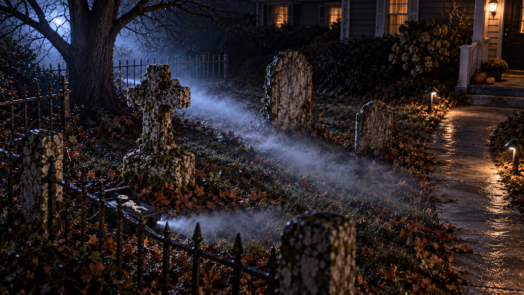 Thin fog crossing a narrow blue-white beam behind Halloween tombstones.