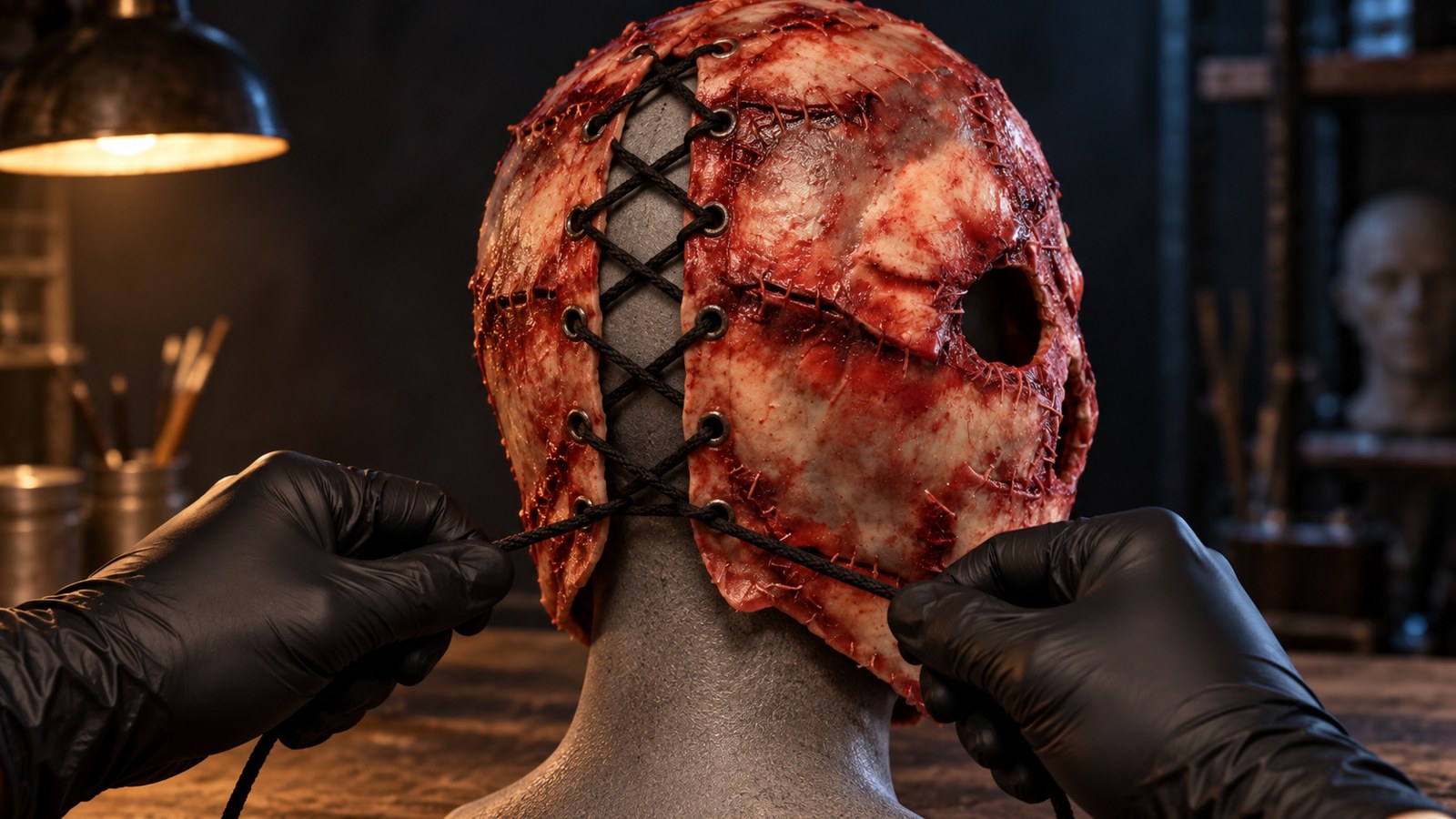 Adjustable laces being tightened on the back of a silicone Halloween mask.