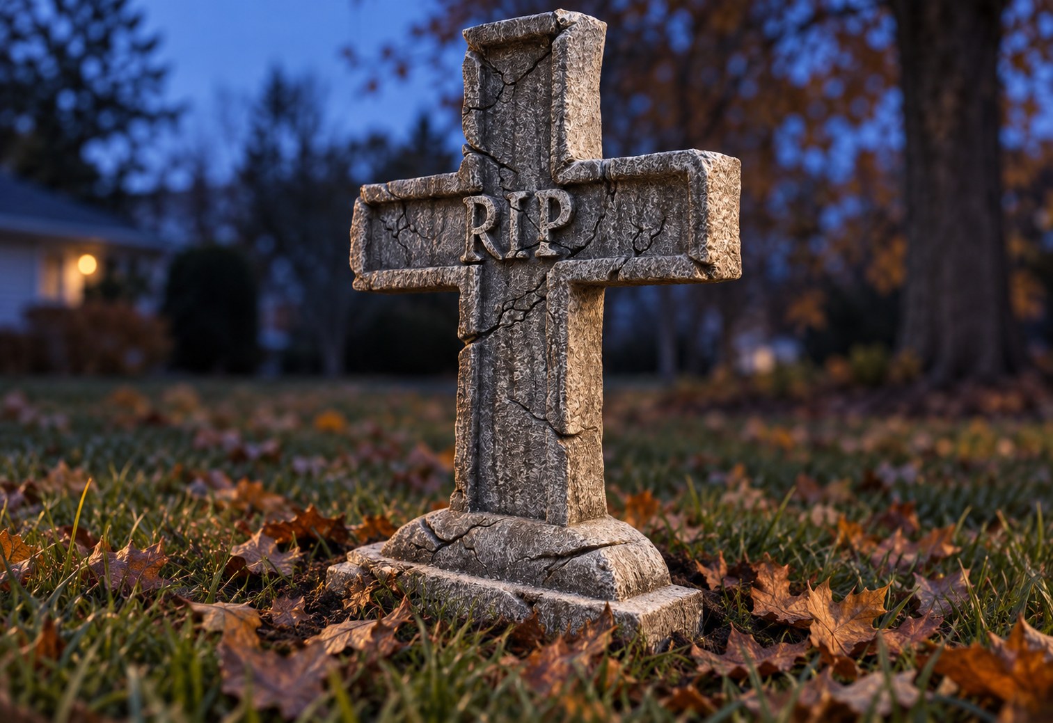 Halloween tombstone base and stakes concealed with grass and fallen leaves.