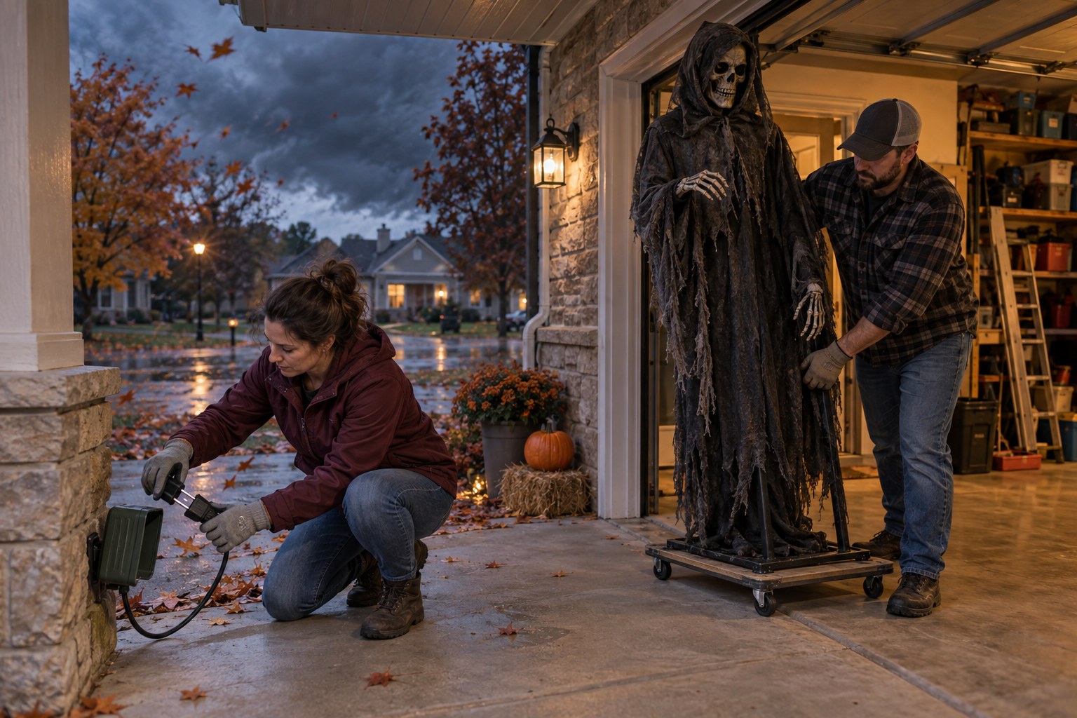 Homeowners moving a Halloween animatronic into a dry garage before an October rainstorm in Lafayette, Indiana.