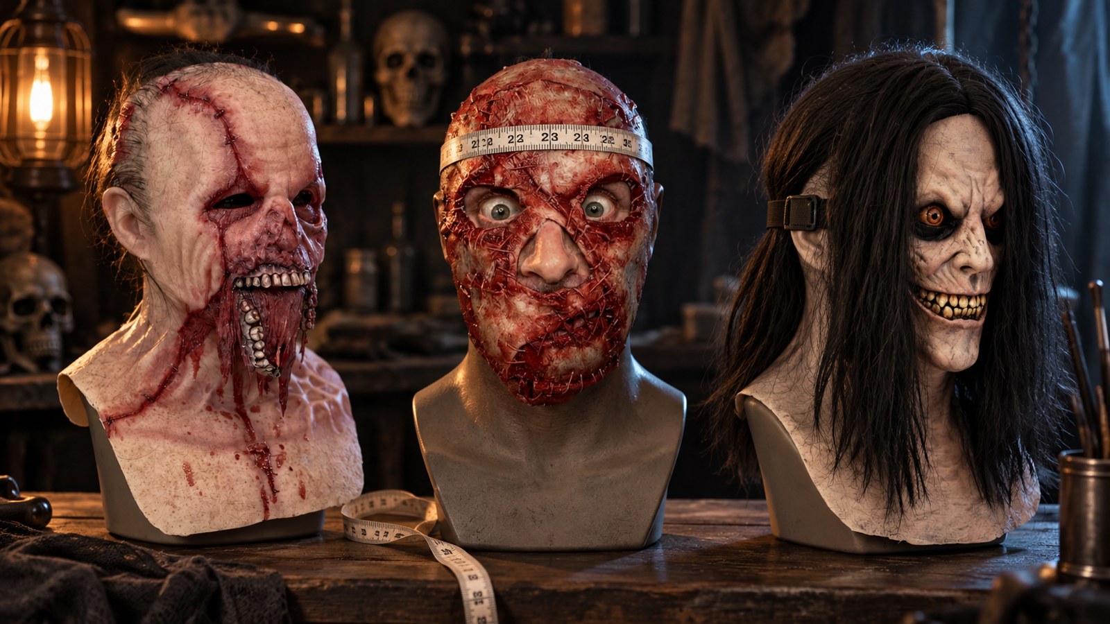 Three Halloween mask styles demonstrate a fixed fit, adjustable lace-back, and elastic strap beside a head-measuring tape.