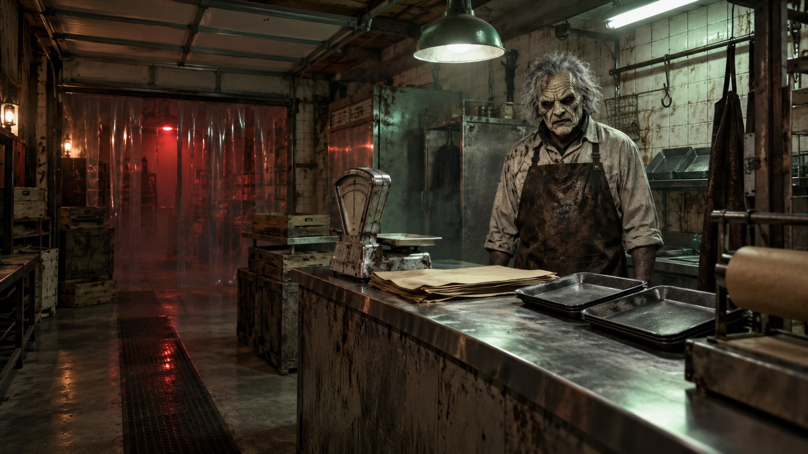 Masked Slaughterhouse Bubba character in a safely staged haunted butcher-shop garage scene.