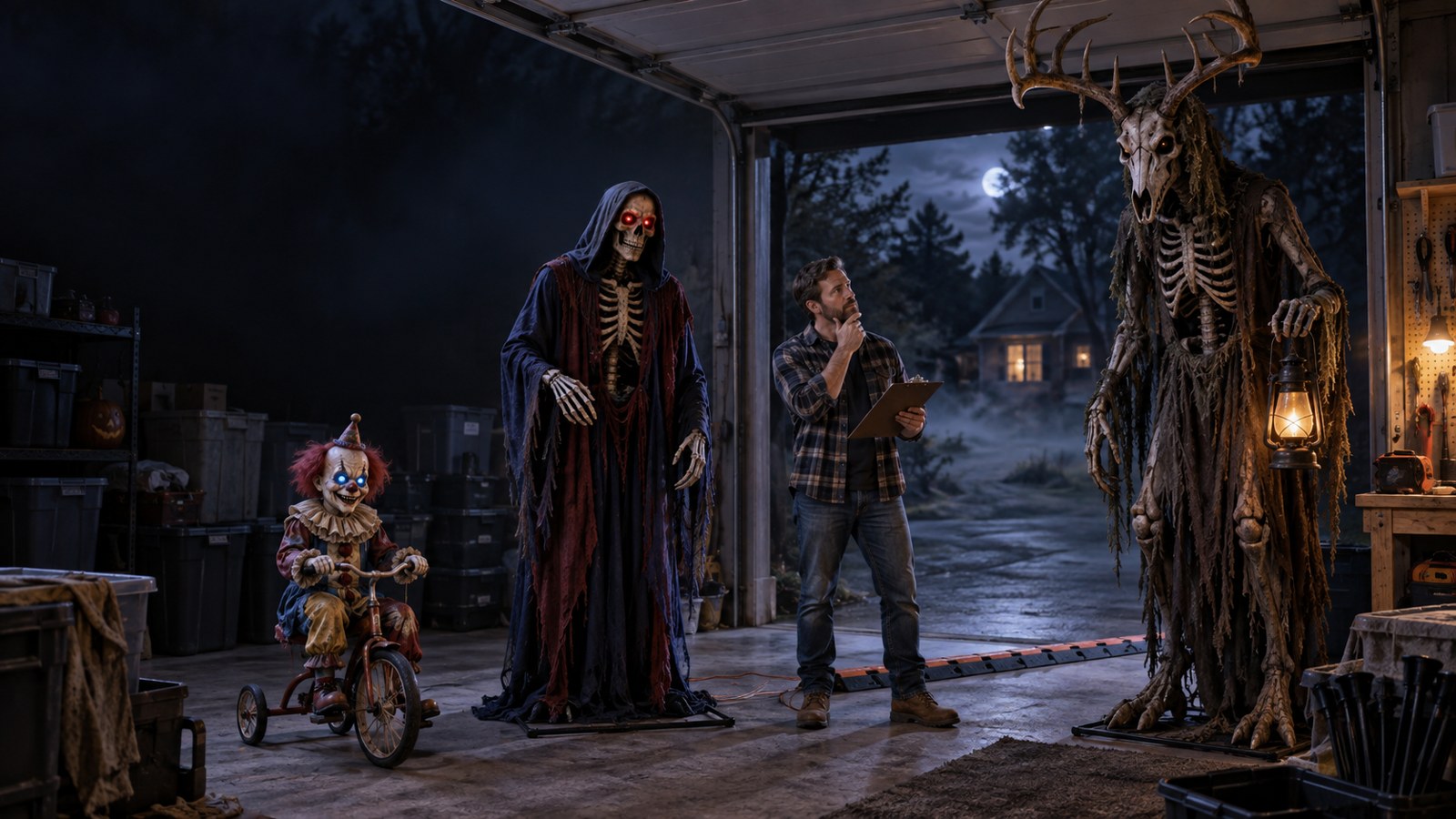 First-time Halloween decorator comparing three animatronic price tiers in a dark garage workshop.