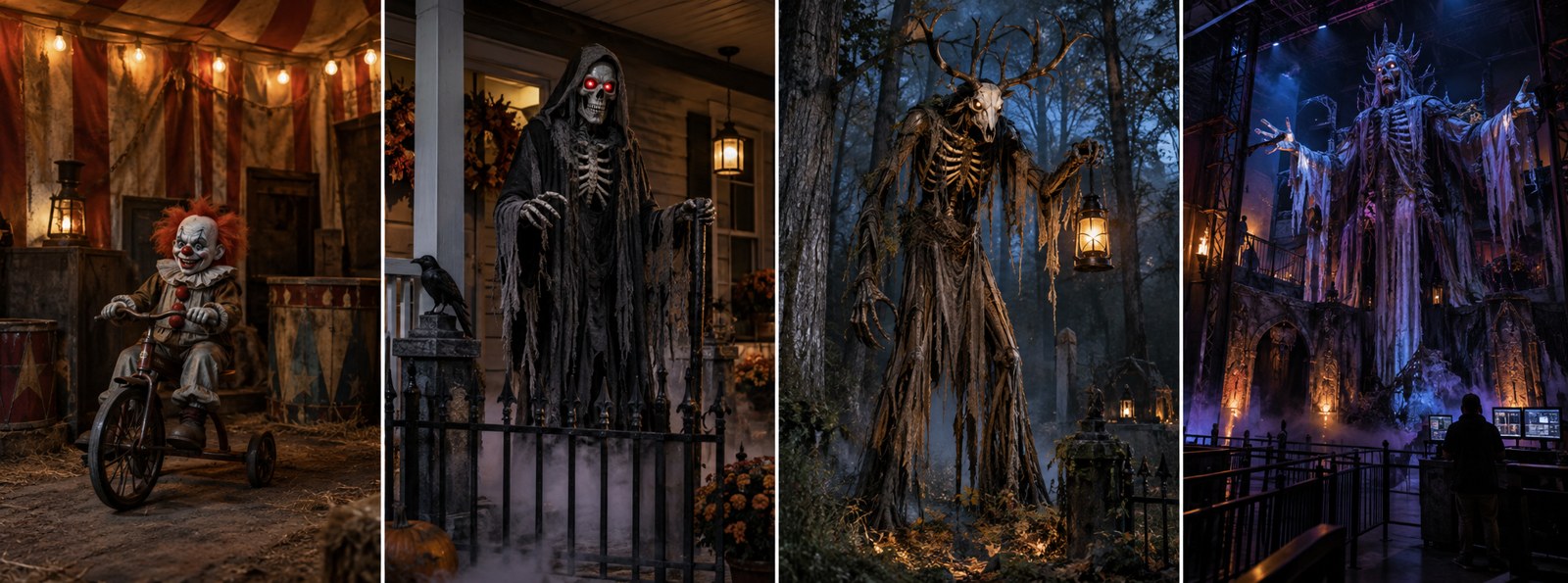 Four Halloween animatronic tiers ranging from a compact indoor prop to a professional attraction installation.