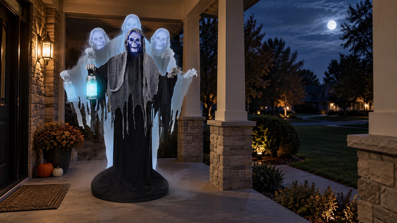 Rising Ghost Reaper placed in a sheltered outdoor location beneath a covered porch.