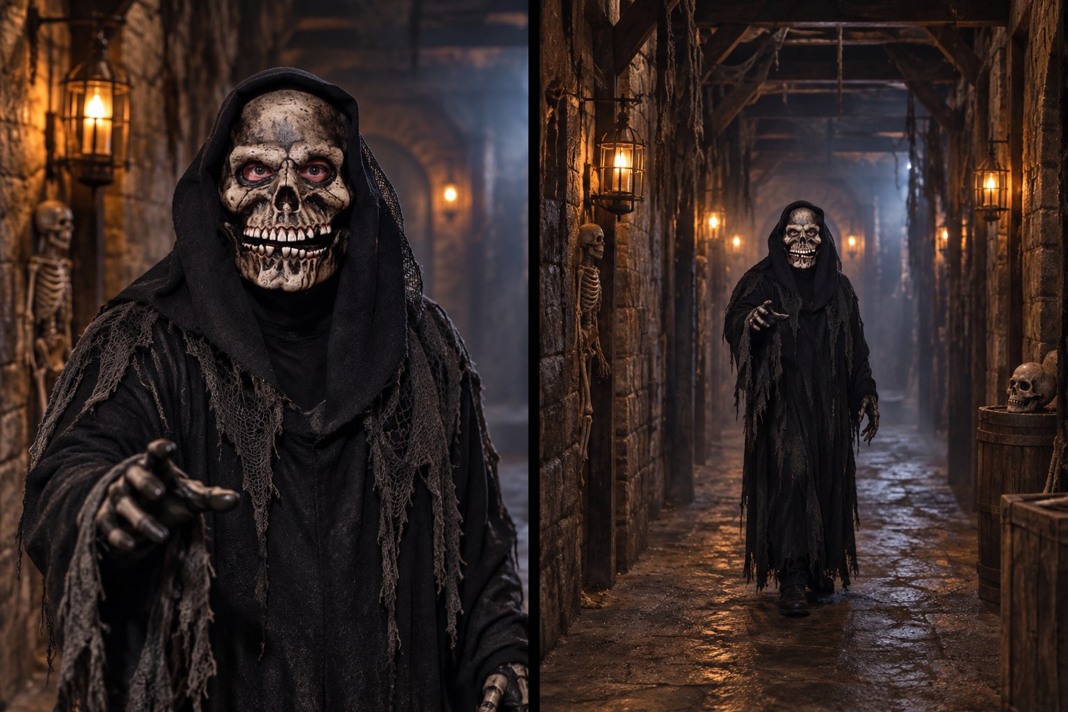 Moving-mouth mask compared at close guest distance and farther away in a haunted attraction.