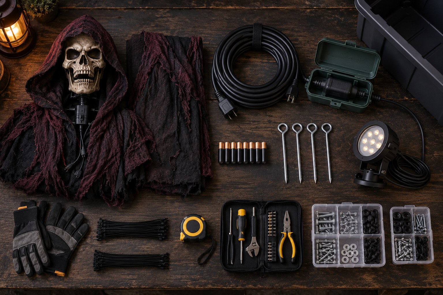 Halloween animatronic setup kit with protected power, batteries, anchors, lighting, gloves, and organized hardware.