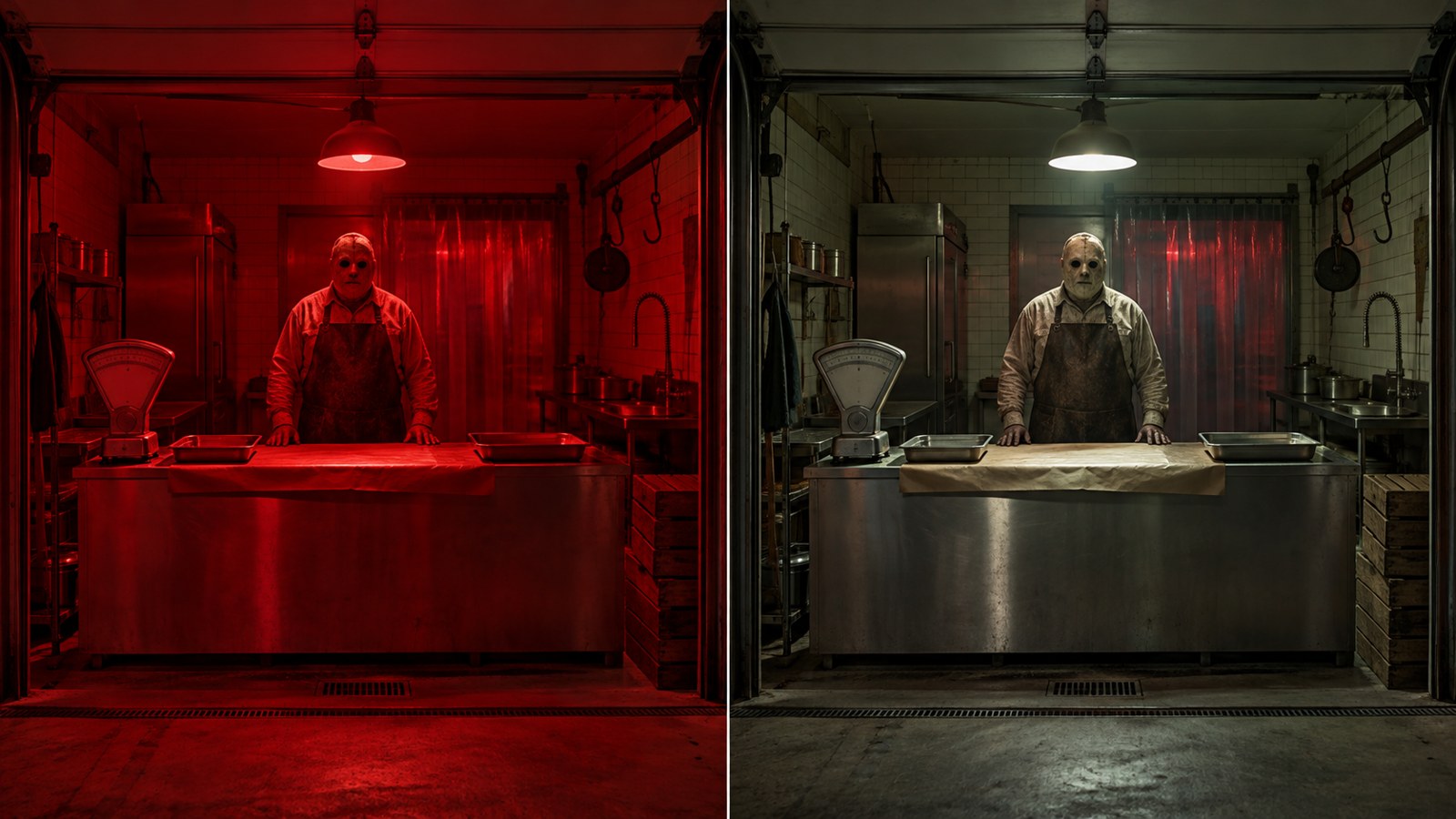 Comparison of flat red lighting and layered cold lighting in a haunted butcher-shop set.