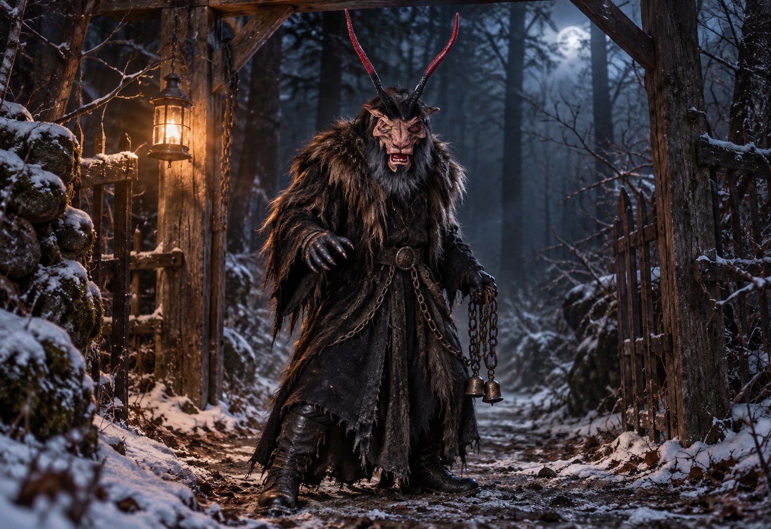 Lord Krampus moving-mouth mask completed with coordinated costume clothing and gloves.