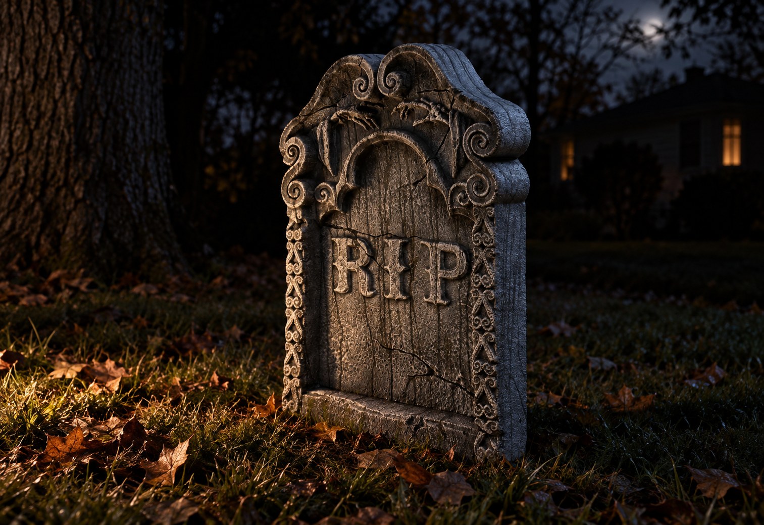 Low side lighting creating realistic shadows across a weathered Halloween tombstone.
