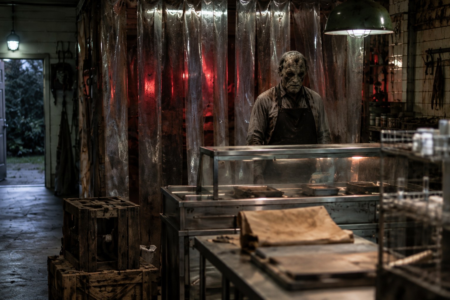 Slaughterhouse Bubba masked performer revealed behind cloudy strip curtains.