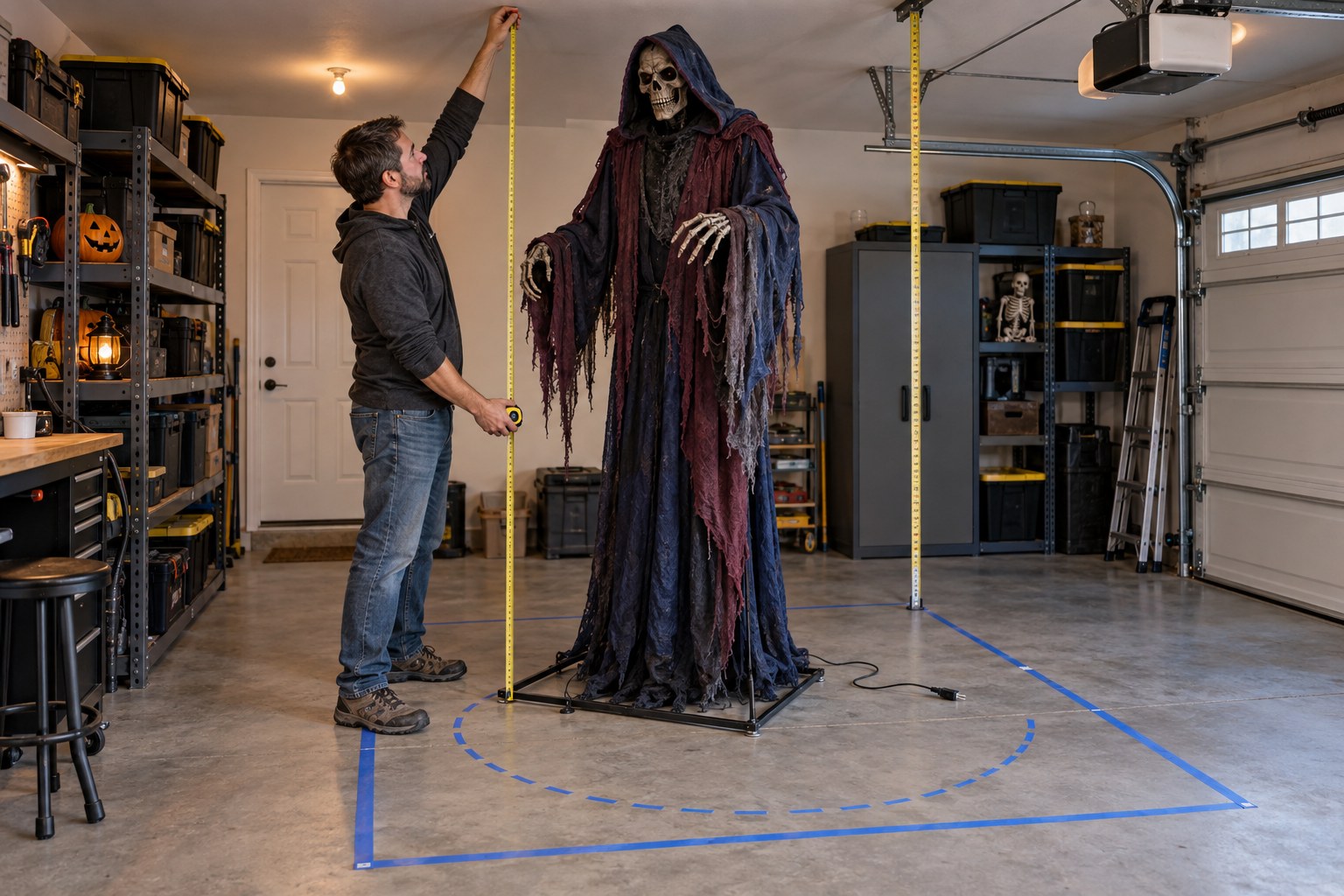 Home haunter measuring the height, width, and movement clearance of a Halloween animatronic.