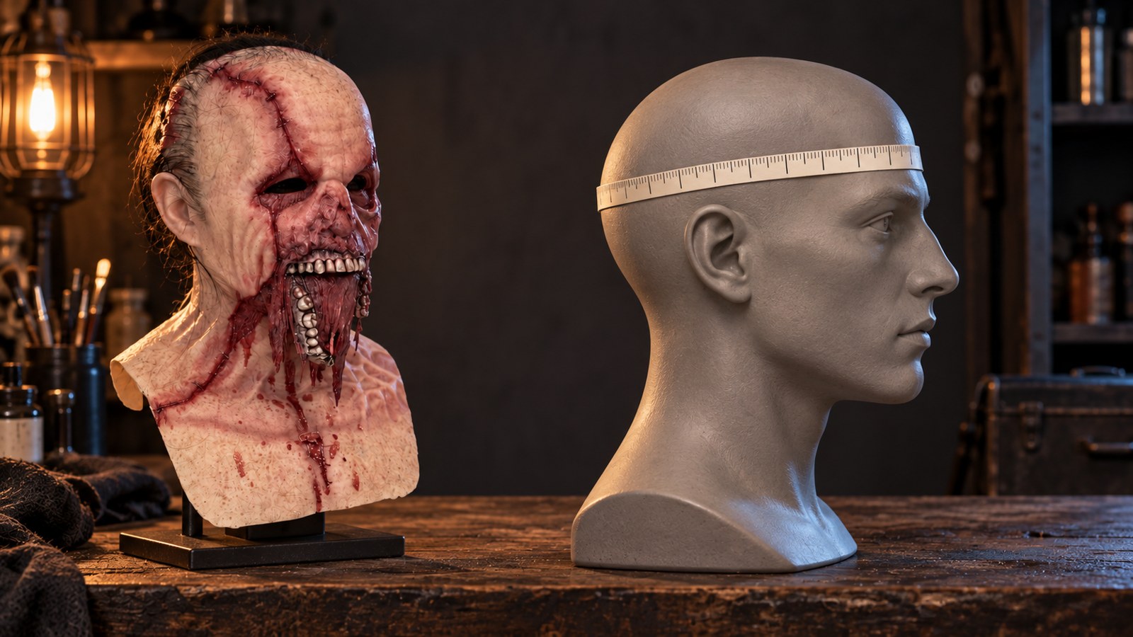 Measuring tape placed around the brow and widest part of the head for Halloween mask sizing.