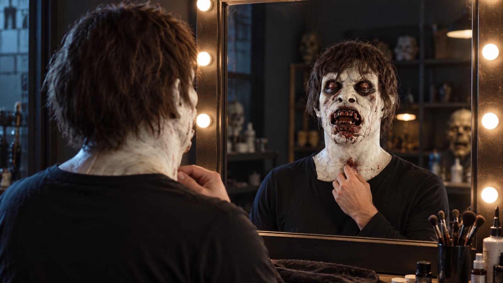 Wearer checking the eye, nose, mouth, and neck alignment of a full-head Halloween mask.