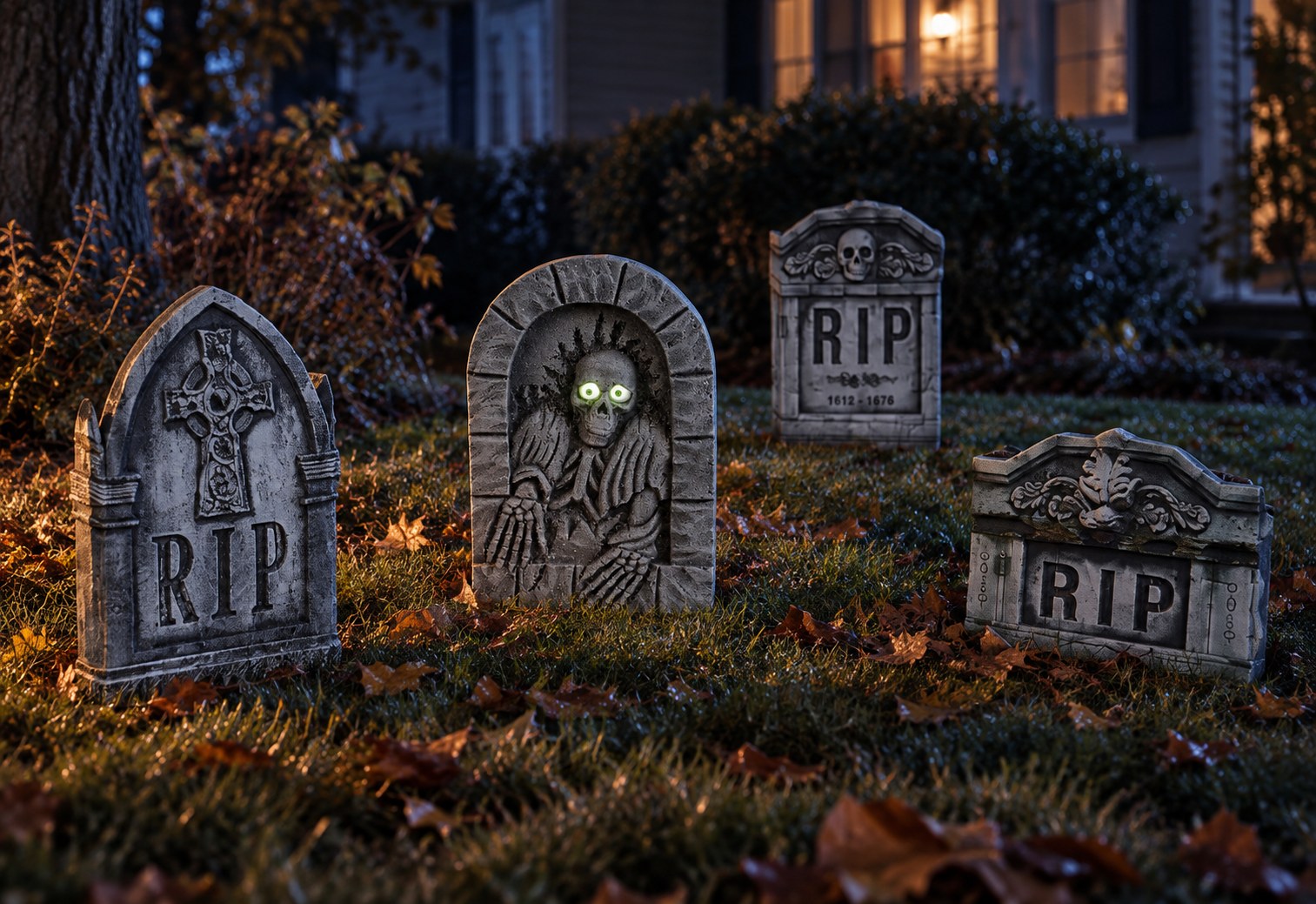 Animated moving-eyes tombstone used as one focal effect in a mostly static Halloween graveyard.