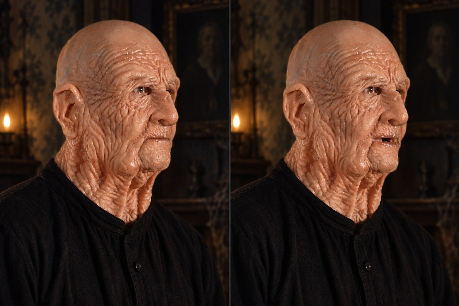 Supersoft Old Man Halloween mask showing subtle mouth movement between two expressions.
