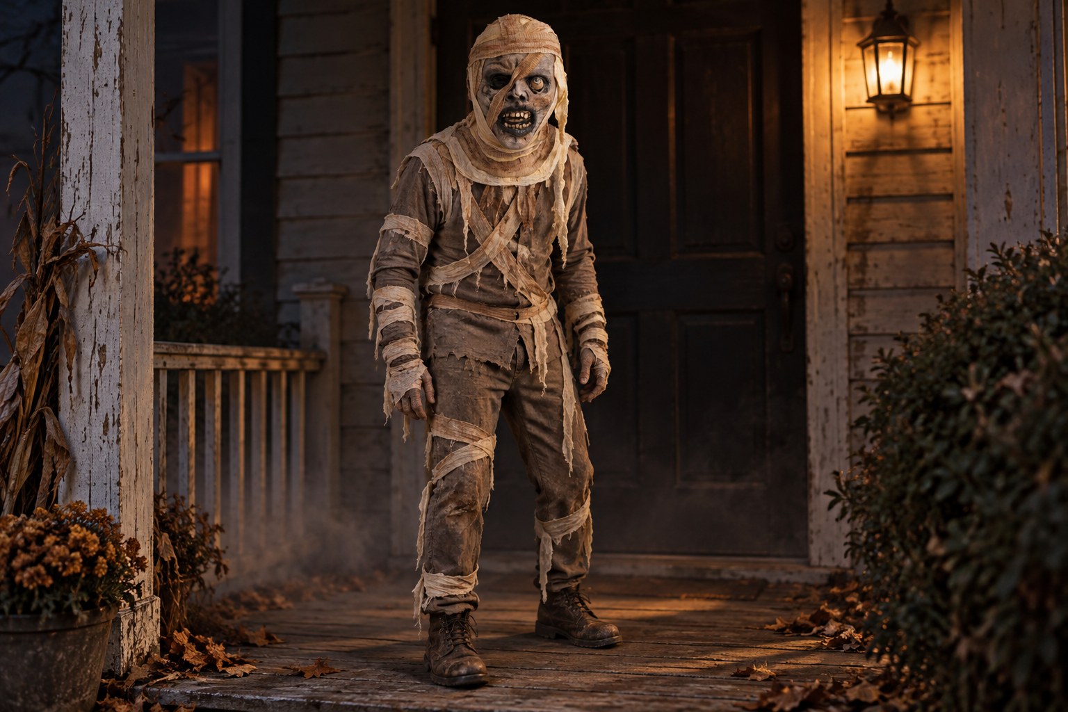 Mummy mask simple costume eerie porch.