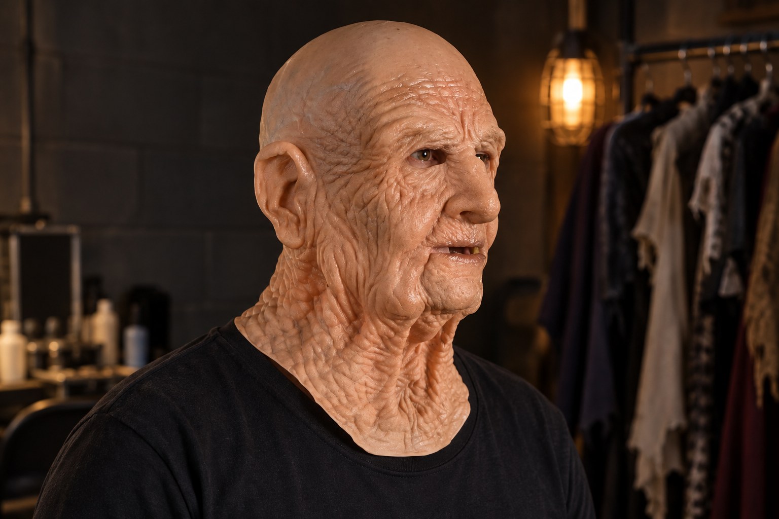 Moving-mouth Halloween mask positioned correctly over the wearer's eyes, chin, and neck.