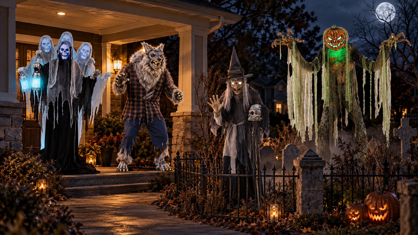 Outdoor Halloween animatronics arranged with covered placement, stable bases, and safe clearance in a nighttime home haunt.