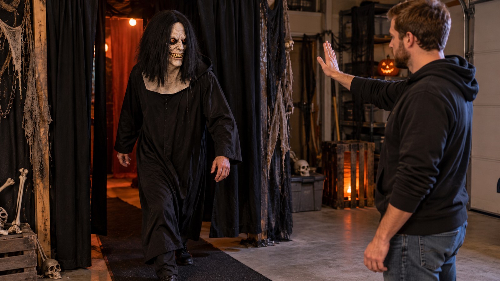 Halloween actor testing mask visibility and movement with the full costume in a garage haunt.