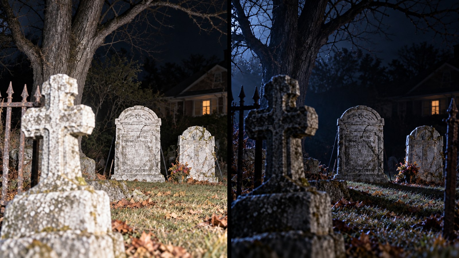 Comparison showing flat front lighting and realistic low side lighting on Halloween tombstones.
