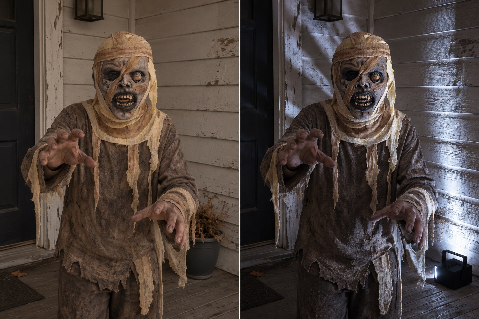 Same mummy mask two porch moods.