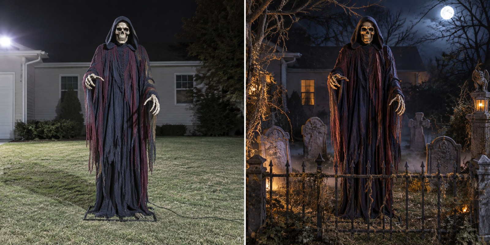 Comparison of a bare Halloween animatronic and the same figure staged in a complete, well-lit graveyard scene.