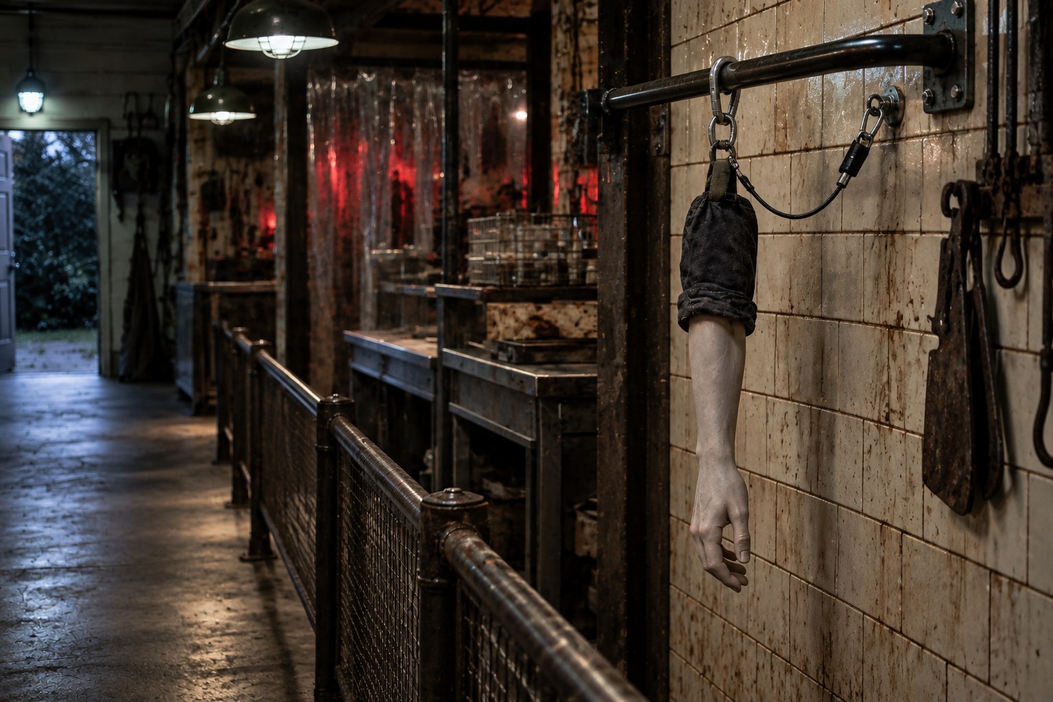 Dangler Bloody Joe Arm prop mounted beside the guest path with a secondary safety tether.