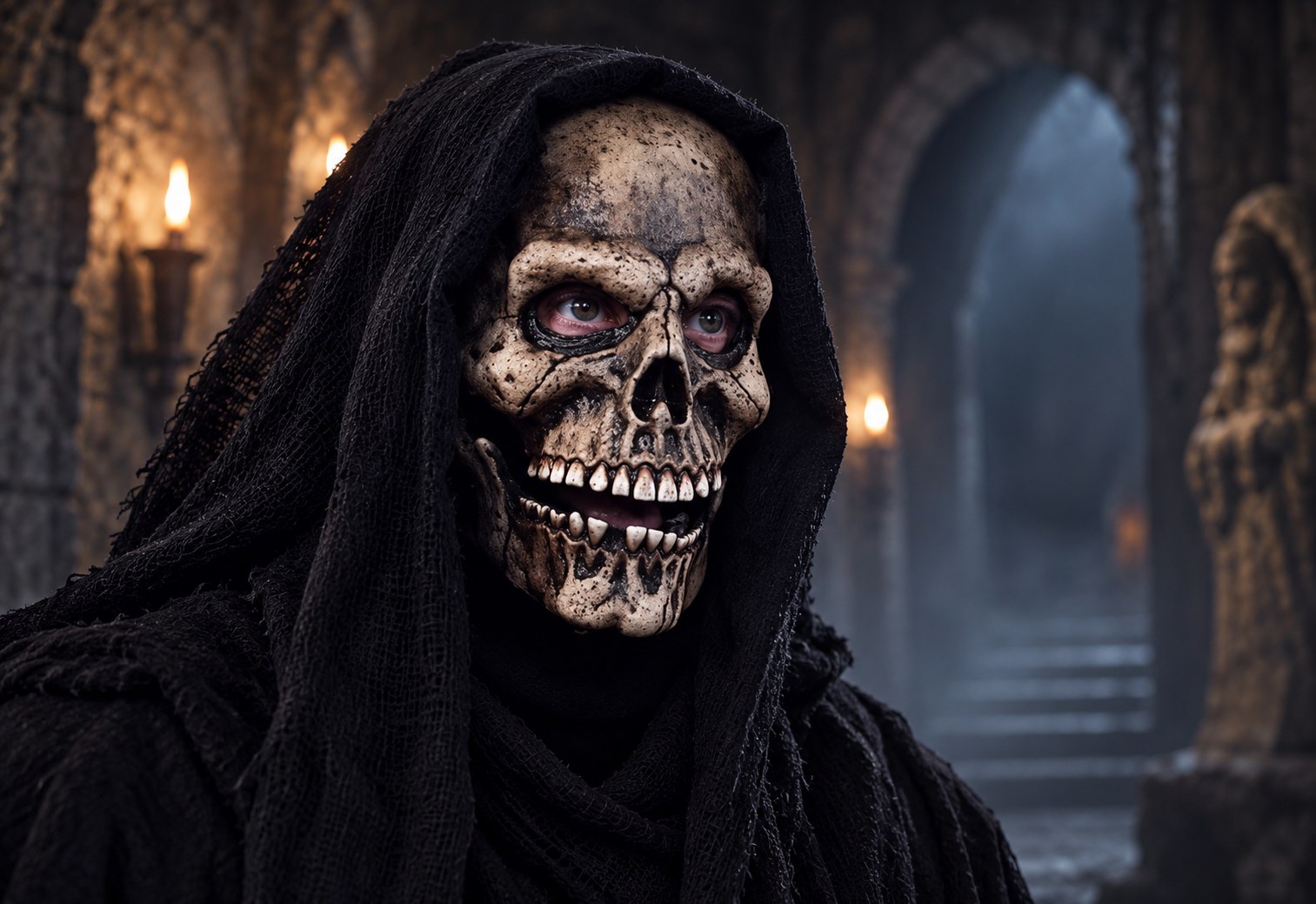 Grim Reaper moving-mouth mask responding to a performer's jaw while speaking.