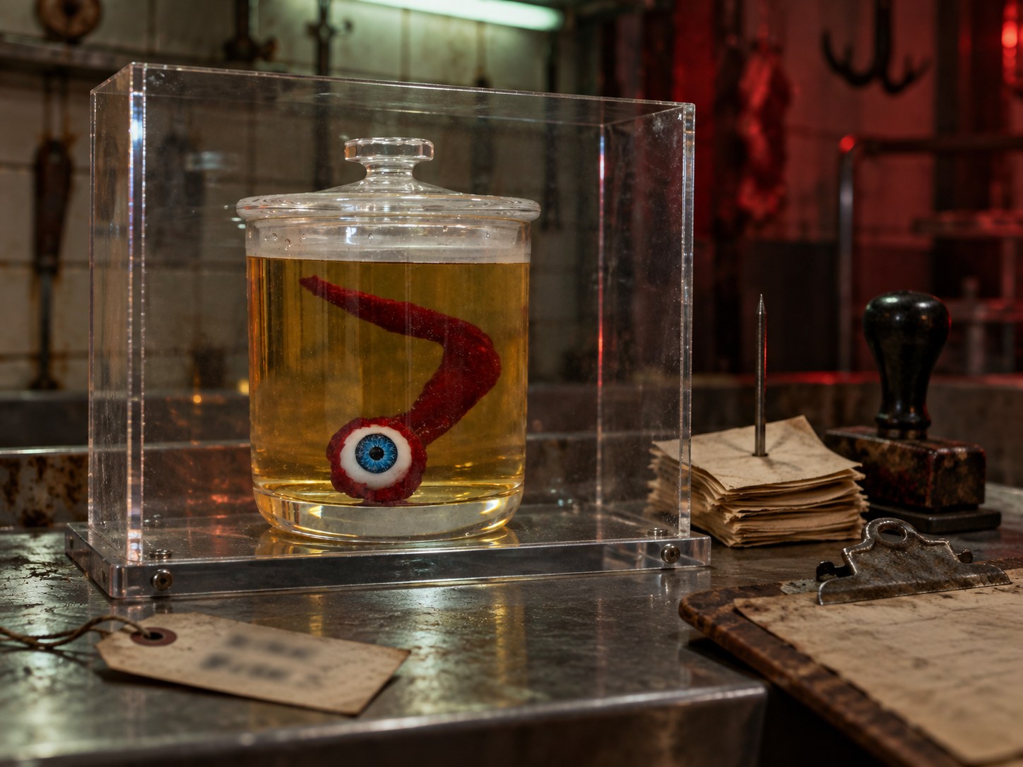Nerve Eye specimen jar staged securely as evidence in a haunted butcher shop.