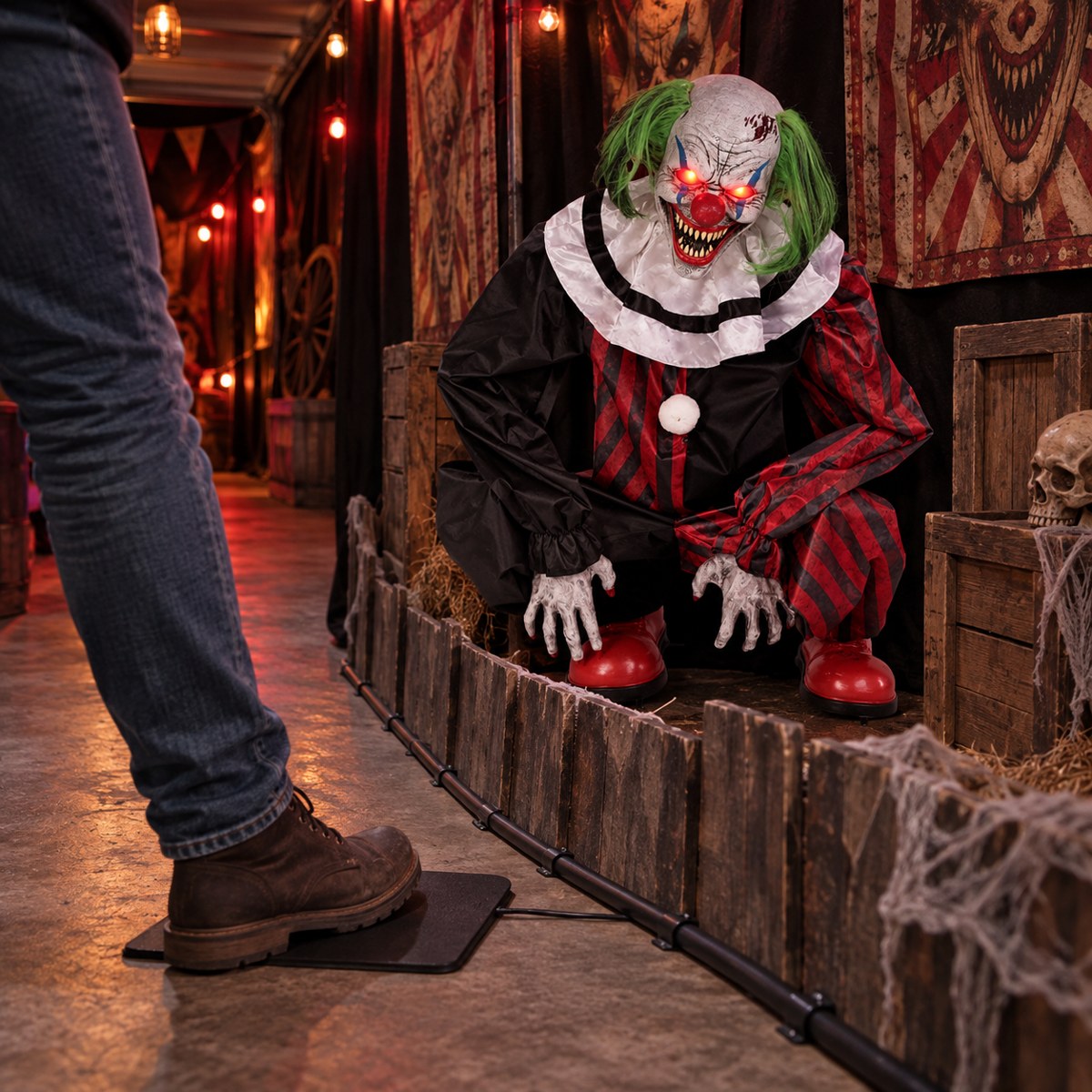 Step pad placement for a Crouching Clown Halloween prop