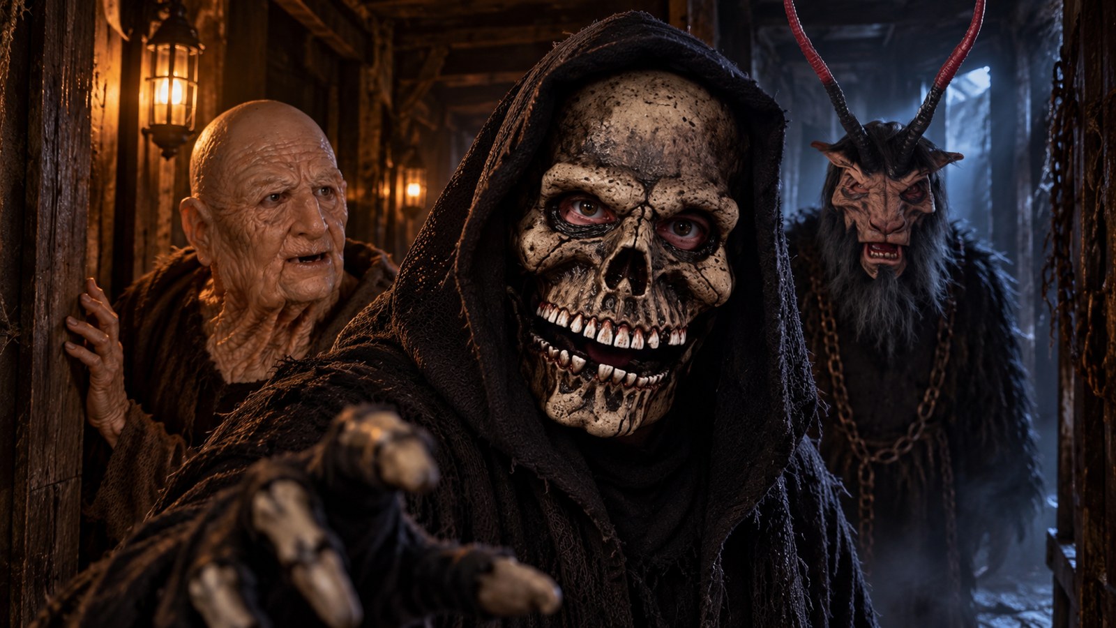 Three moving-mouth Halloween mask characters demonstrating expressive performance in a dark haunted-house scene.