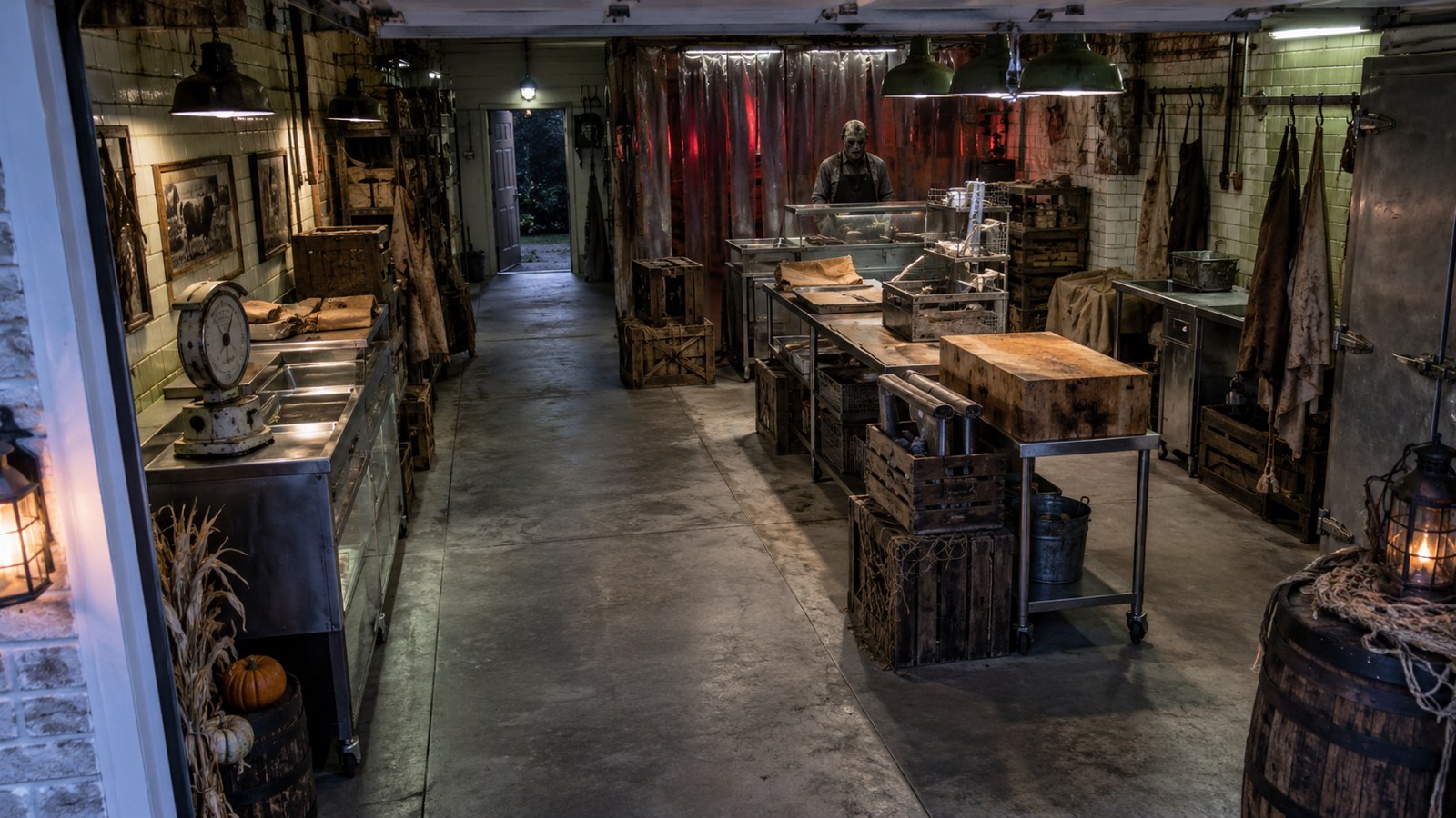 Three-zone haunted butcher-shop layout with a clear guest route through a garage.