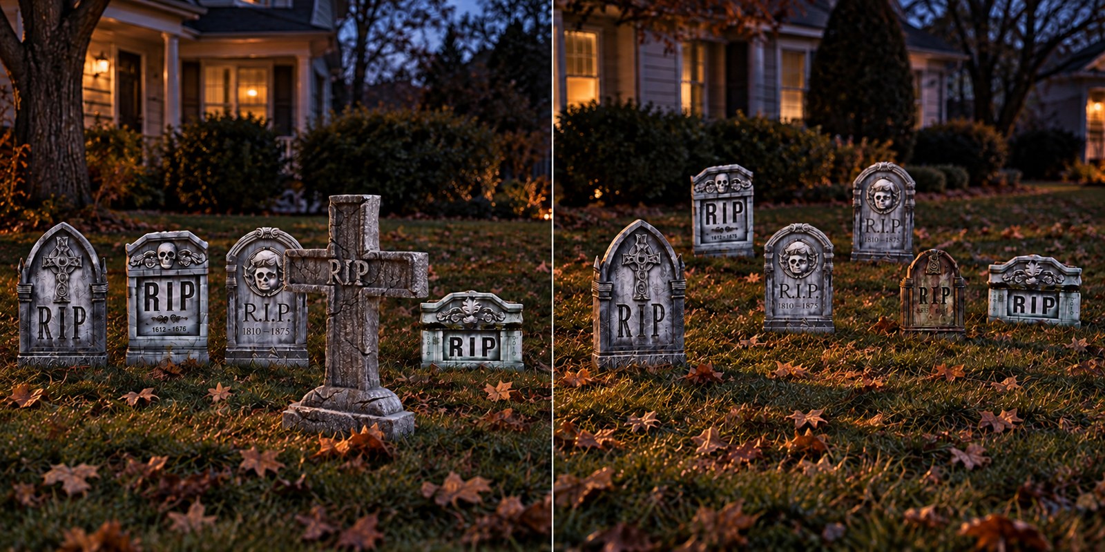Halloween tombstones compared in straight rows and realistic staggered graveyard layers.