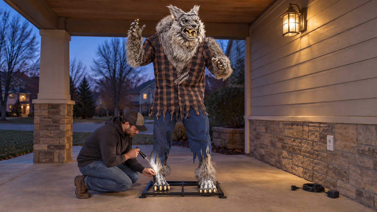 Home haunter inspecting a tall werewolf animatronic before operating an outdoor Halloween display.