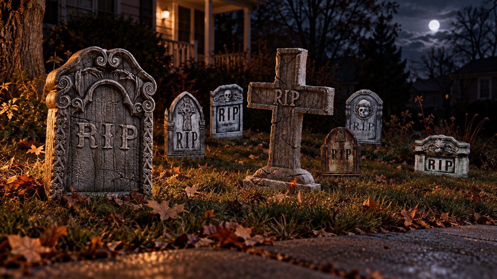 weathered-halloween-tombstones-under-moonlight Realistic Halloween tombstones arranged in layers with weathered surfaces, hidden bases, and low side lighting.