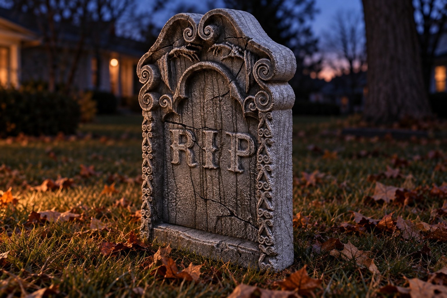 Thick Halloween tombstone photographed at an angle to show realistic depth and carved details.